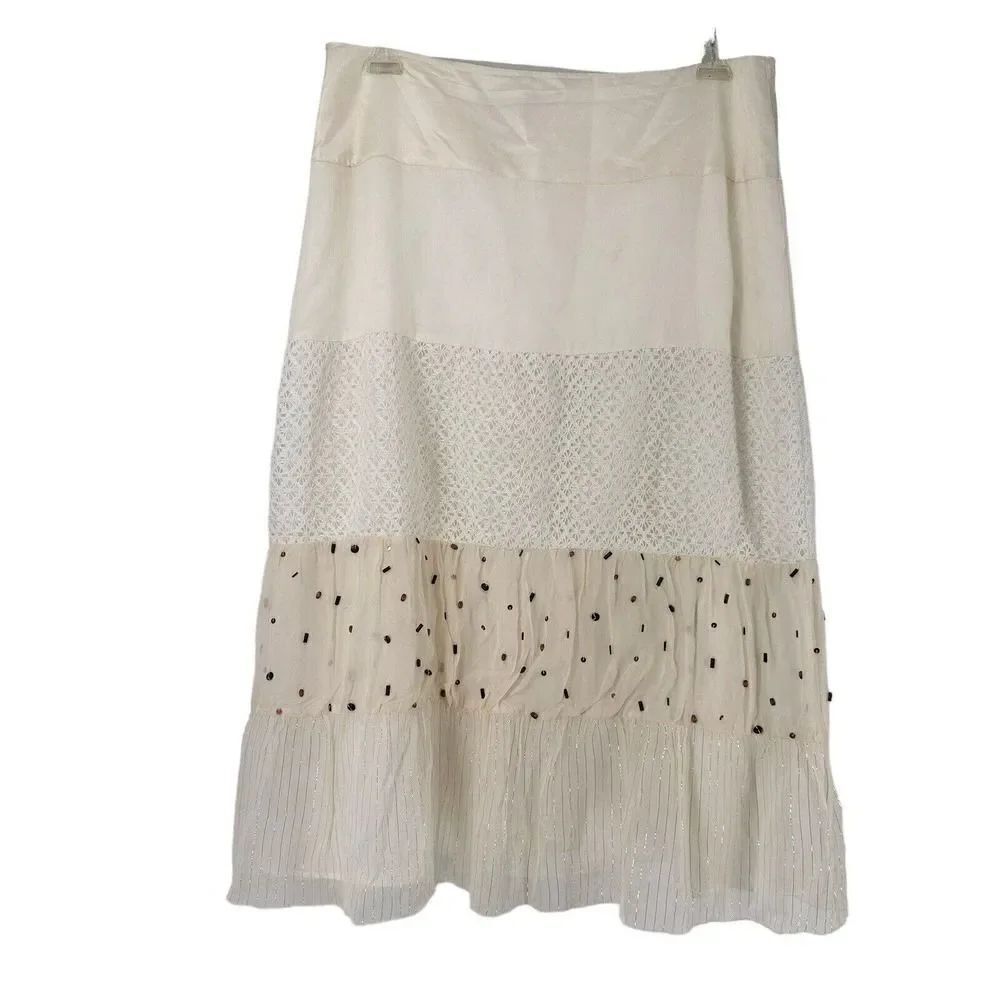 Spenser Jeremy Silk Skirt Size 14 White Bohemian Tiered Beaded Crochet Beach